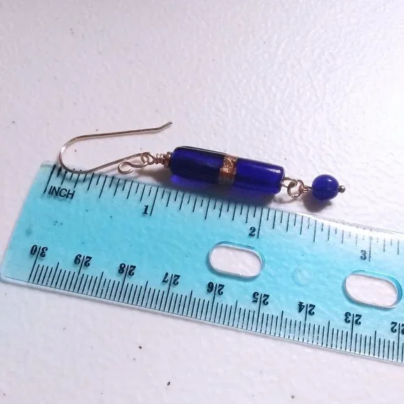 Deep Blue Slim Dangle Earrings - Sleek Trendy Versatile - Day or Night Wear - Picture 9 of 10